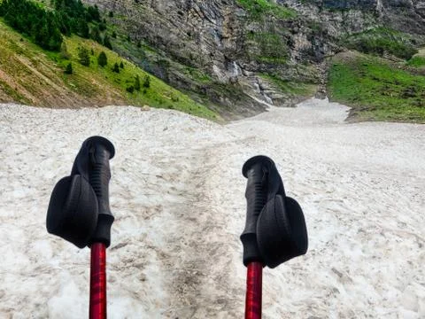 Batons for hiking. Preparing to go through the glacier.. Stock Photos