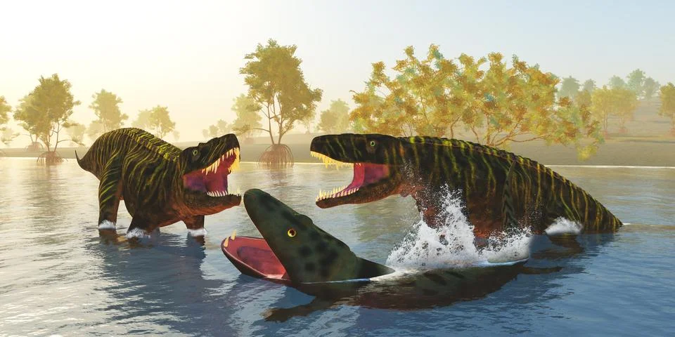 Batrachotomus attack Mastodonsaurus Stock Illustration