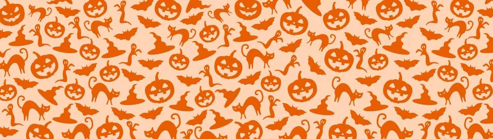 Bats and pumpkins pattern seamless Halloween cartoons with orange background Stock Illustration