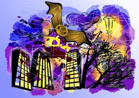 Bats and town Stock Illustration