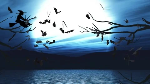 Bats and Witch appear at midnight on Halloween 4K LOOP Stock Footage 287695495