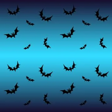 Bats on a blue background - seamless pattern for Halloween. Black silhouettes Stock Illustration