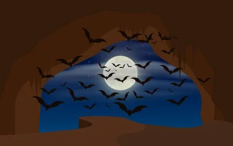 Bats in the cave in full moon night Stock Illustration