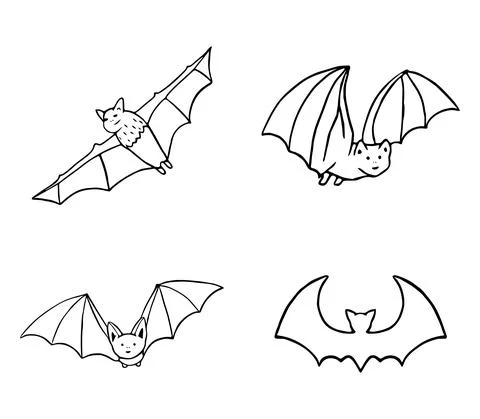 Bats clip art. Vector set of bats outline icons isolated on white background. Stock Illustration