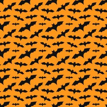 Bats colony orange seamless pattern. Halloween vector background Stock Illustration