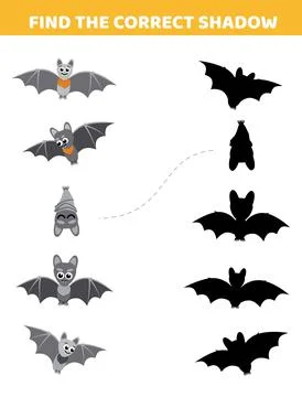 Bats. Find the correct shadow. Halloween. Shadow matching game. Cartoon, vector Stock Illustration
