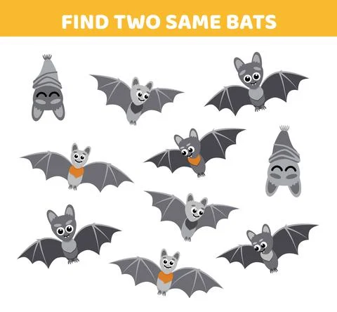 Bats. Find two same pictures of bats. Game for children. Flat, cartoon, vector Illustrazione stock