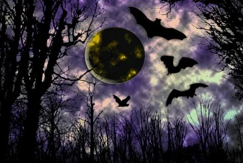 Bats flying around moon Stock Illustration