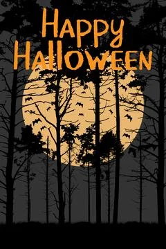 Bats flying over spooky forest at moon,  halloween banner. Vector illustratio Ilustração Stock