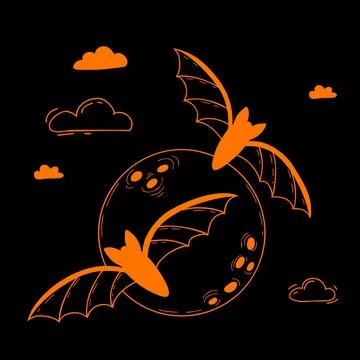 Bats, full moon and clouds. Mystical scary night animals Halloween holiday Stock Illustration