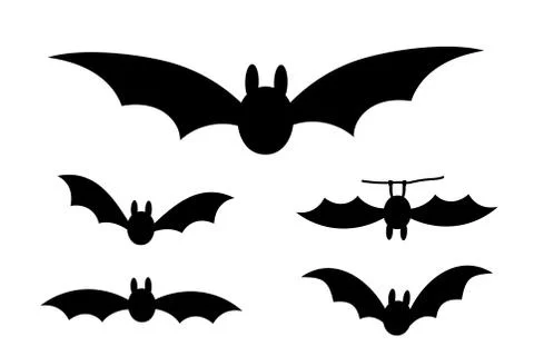 Bats icon set. Bat black silhouette with wings isolated white background. Sym Stock Illustration