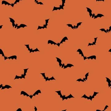 Bats seamless repeat pattern for october holidays on orange background. Vector. Stock Illustration