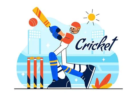 Batsman Playing Cricket Vector Illustration Featuring Bat and Ball on the F.. Illustrazione stock