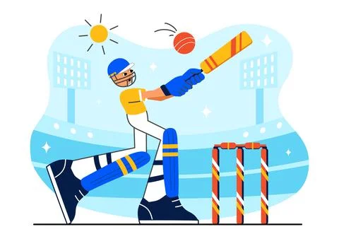 Batsman Playing Cricket Vector Illustration Featuring Bat and Ball on the F.. Stock Illustration