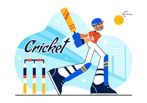Batsman Playing Cricket Vector Illustration Featuring Bat and Ball on the F.. Illustrazione stock