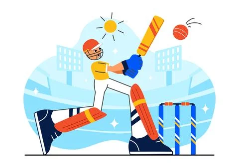 Batsman Playing Cricket Vector Illustration Featuring Bat and Ball on the F.. Illustrazione stock