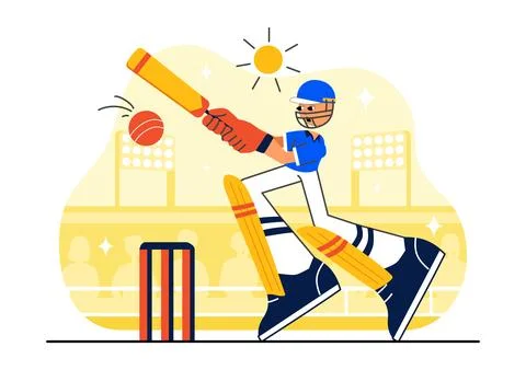 Batsman Playing Cricket Vector Illustration Featuring Bat and Ball on the F.. Stock Illustration