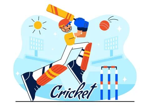 Batsman Playing Cricket Vector Illustration Featuring Bat and Ball on the F.. Illustrazione stock