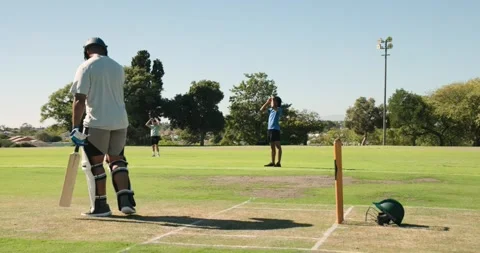 Batsman standing on marked grass pitch holding wooden bat near spare helmet by Vídeo Stock 340770510