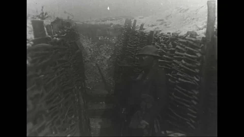 Battalion Commander leaves the dug during gas attack - 1920-1921 Stock Footage 83656874