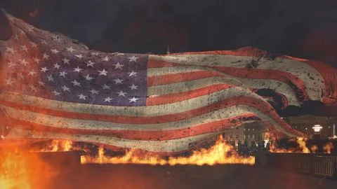 Battered American Flag Flying in Flames Capitol Building Ilustración de archivo
