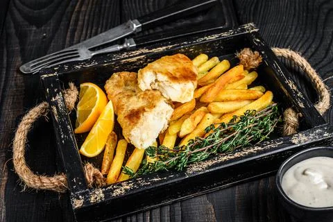 Battered Fish and chips dish with french fries and tartar sauce in a wooden tray Stock Photos