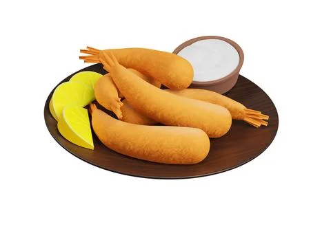 Battered fried prawns with sauce and lemon slices. 3d rendering Stock Illustration