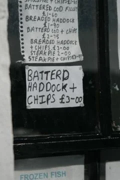 Battered haddock and chips misspelled handwritten sign, Dumfries and Galloway Stock Photos