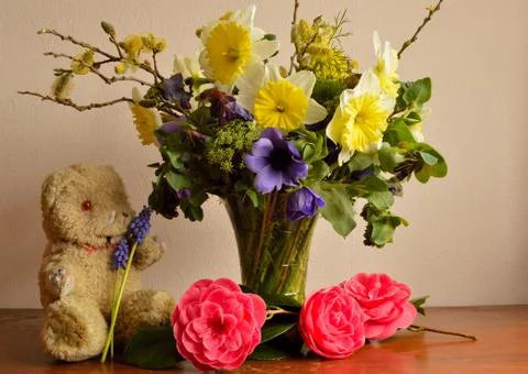 A batterede old teddy bear next to spring flowers. Stock Photos