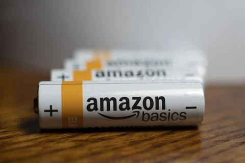 Batteries with the amazon basic logo printed on it Stock Photos