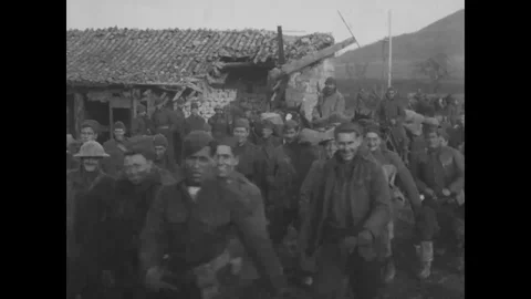 Batteries C and D, 76th FA return to rest area after sign of armistice 1918-1919 Stock Footage 98958414