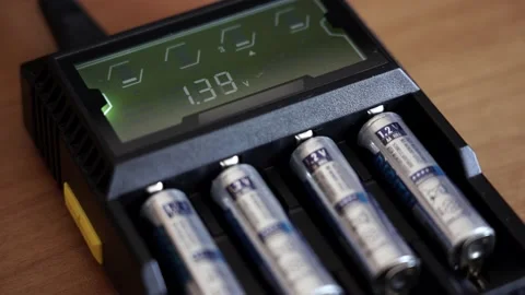 Batteries in the charger. Charge indicator. Video stock 130173536