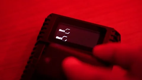 Batteries in the charger. Charge indicator. Video stock 130175702
