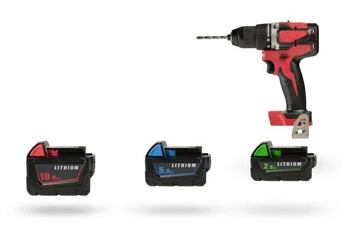 Batteries for cordless tools, a large set of tools from different angles Stock Photos