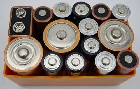 Batteries of different sizes and formats, selective focus. 스톡 사진