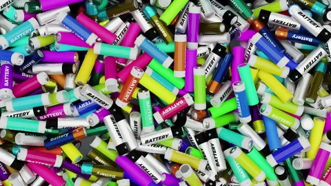 Batteries falling down and moving in a big pile, 3d rendering concept of Stock Footage 168522397