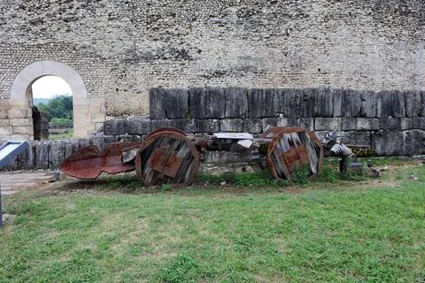 A battering ram and castle wall Stock Photos