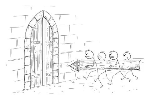 Battering Ram Attacking Castle Gate, Vector Cartoon Stick Figure Illustration Stock Illustration