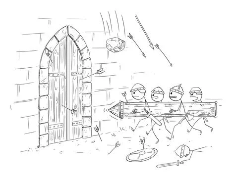 Battering Ram Attacking Castle Gate During Medieval Battle or Siege, Vector Stock Illustration