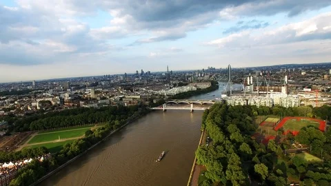 Battersea Park and Thames River Aerial Footage in Central London Stock Footage