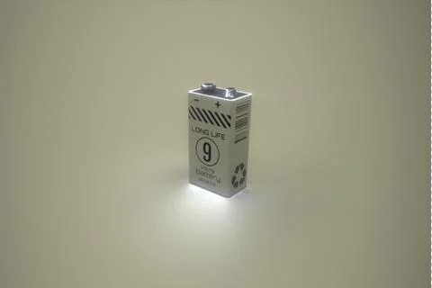 Battery 9V Silver Shiny Perspective 3D render Stock Illustration