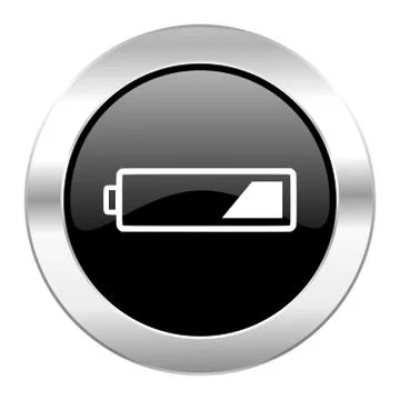 Battery black circle glossy chrome icon isolated. Stock Illustration