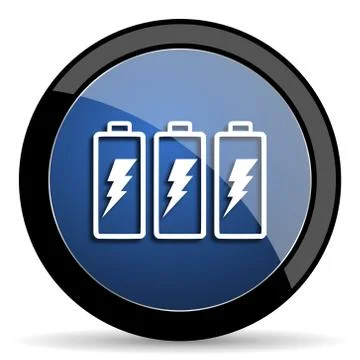 Battery blue circle glossy web icon on white background, round button for int Stock Illustration
