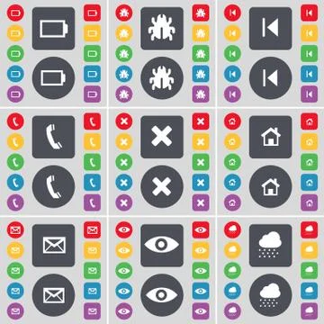 Battery, Bug, Media skip, Receiver, Stop, House, Message, Vision, Cloud icon sym Stock Illustration