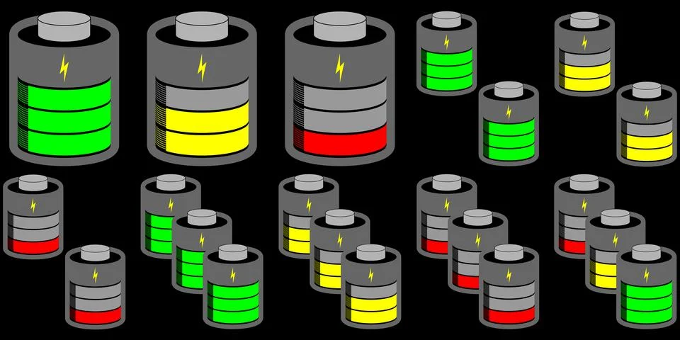 Battery cell pack with fully, medium and low loaded batteries Stock Illustration