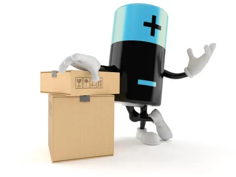 Battery character with stack of boxes Ilustración de archivo