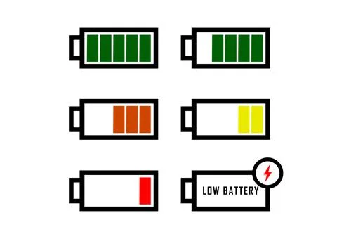 Battery charge design. Full charging power. Accumulator indicator. Full to lo Stock Illustration