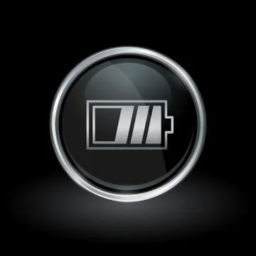 Battery charge icon inside round silver and black emblem Stock Illustration