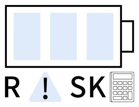 Battery charge icon, risk triangle with exclamation mark, and calculator. Ide Illustrazione stock