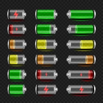 Battery charge icon set dark transparent Stock Illustration